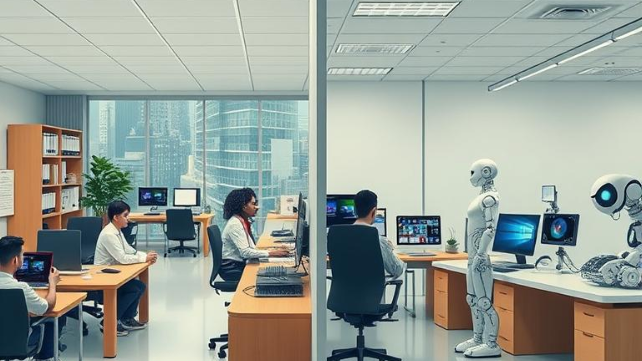 One side shows a traditional office with people working, while the other side shows an AI-driven workspace with robots and screens.