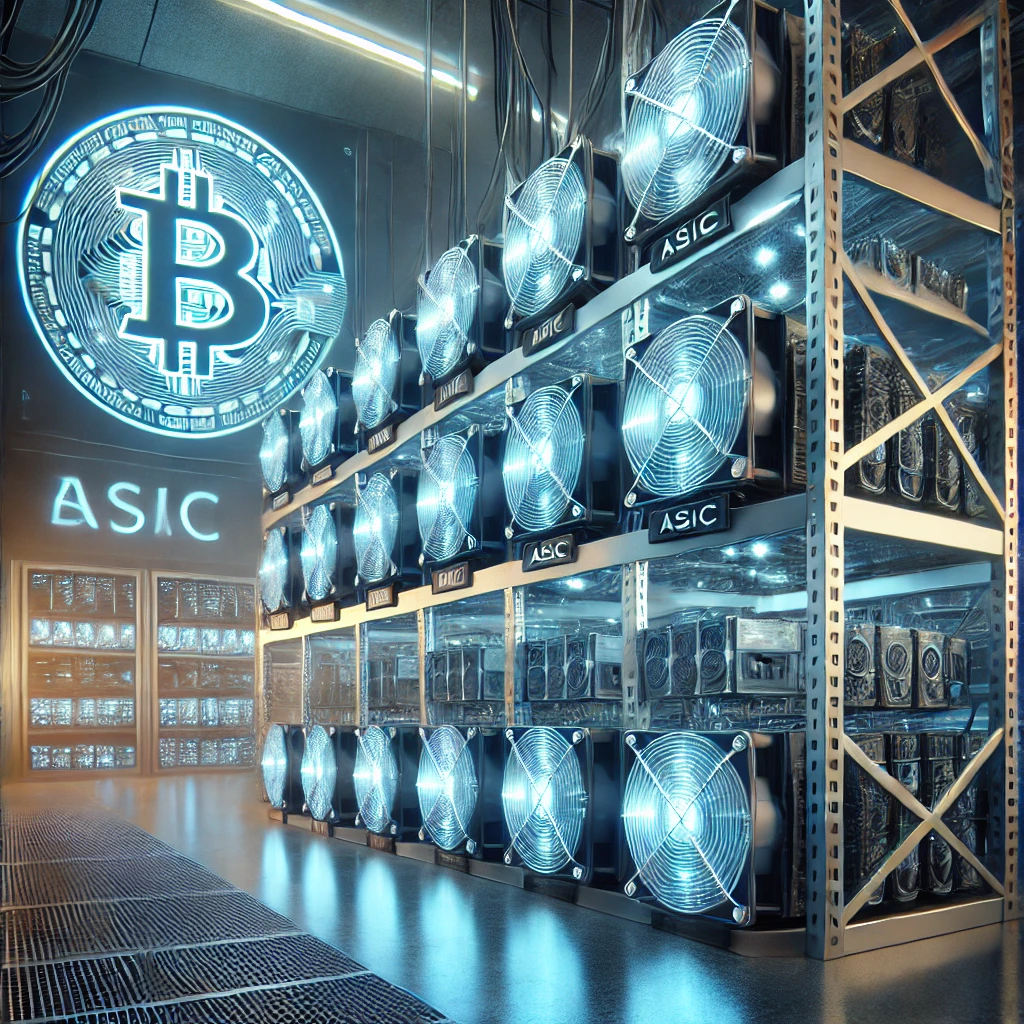 A futuristic Bitcoin mining farm with advanced ASIC machines and blue LED lighting, showcasing the intensity and innovation of cryptocurrency mining in 2025.